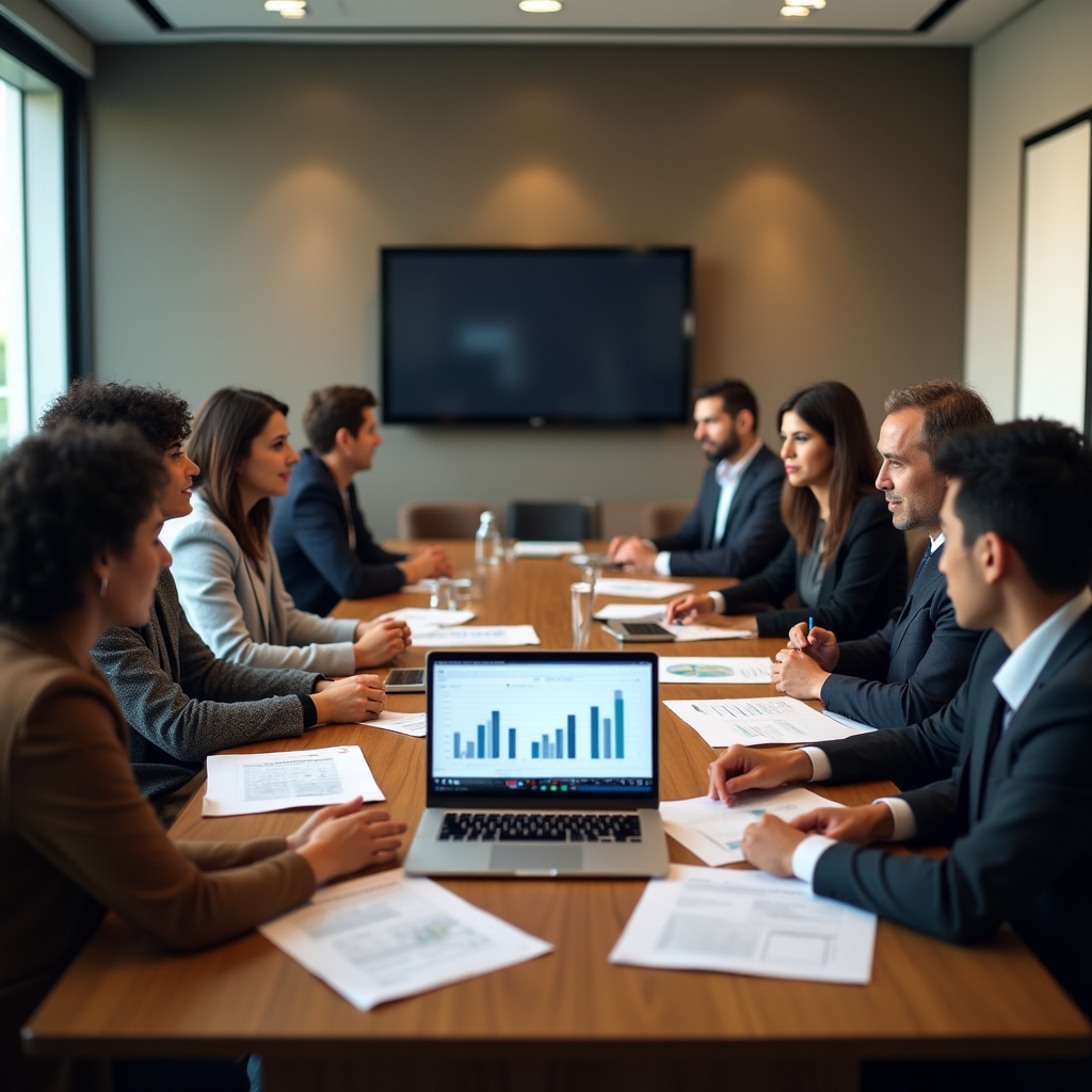 Group of co-investors reviewing a real estate project together around a table