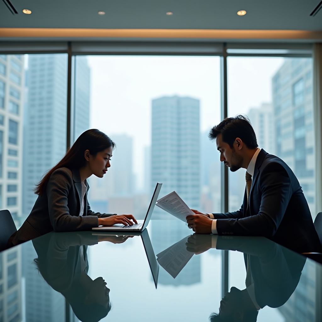 Professional conducting a system review with a client, going through records on a laptop in a formal setting