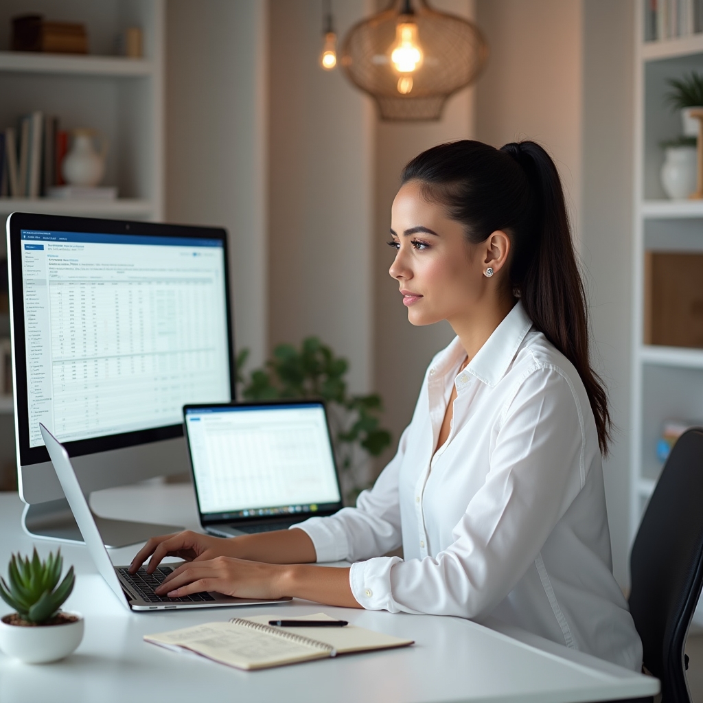 Professional working on a structured spreadsheet system design at a clean desk